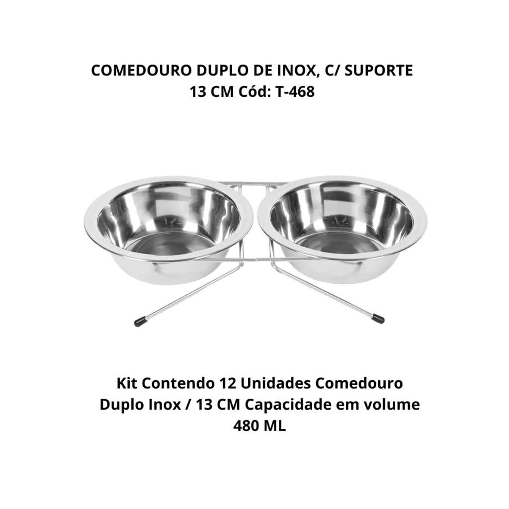 Comedouro Duplo de Inox C/ Suporte 13 CM T-468