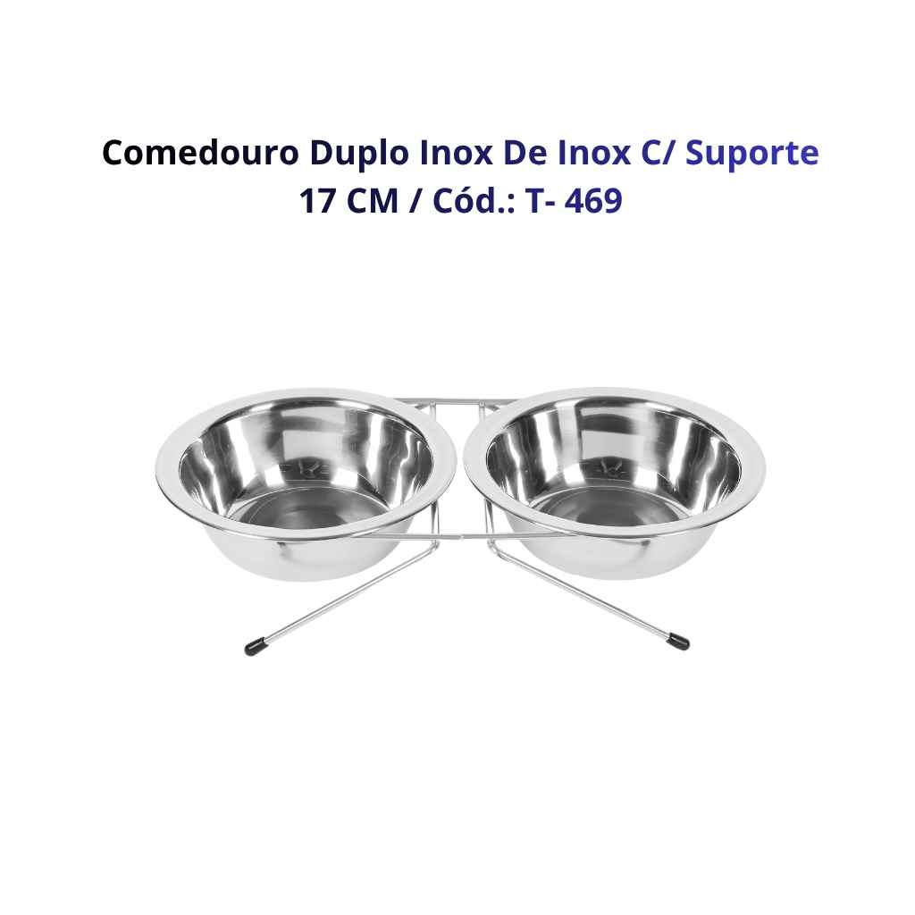 Comedouro Duplo de Inox C/ Suporte 17 CM T-469